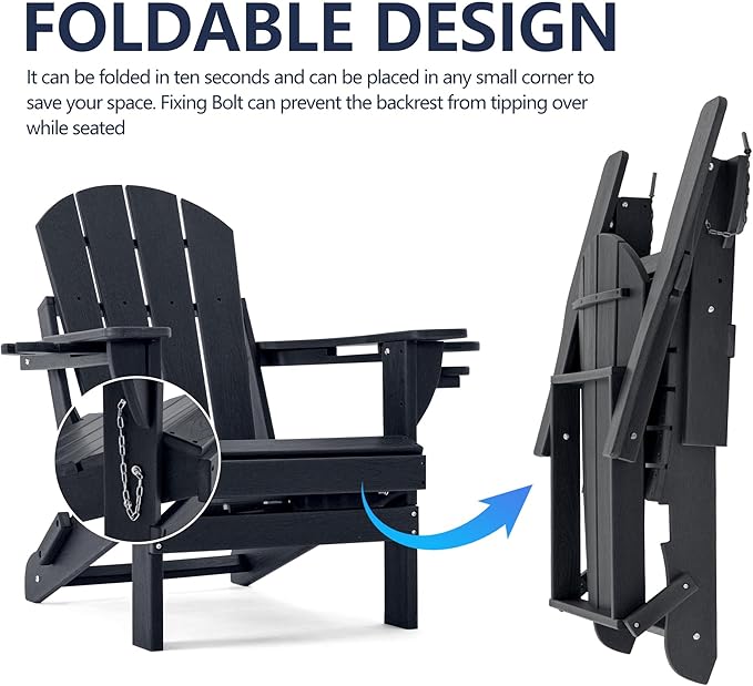Folding Adirondack Chair, HDPE Outdoor Texture Lawn Chair with Reclining Back, Cup and Phone Holder - Comfortable Firepit Chair Weather Resistant for Patio or Backyard (Dark Black, Set of 2)