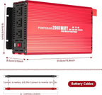 Pure Sine Vane Power Inverter 2000 Watt, DC 12V to 110V AC Converter with 3 Charger Outlets and with 2 Built-in 5V/2.1A USB Port Red