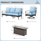 MFSTUDIO 4 Pieces Outdoor Patio Furniture Set, Metal Outdoor Conversation Set, Rattan Wicker Patio Sectional Set with 2 x Swivel Single Sofa, 3-Seat Sofa, 1 x Fire Pit Table, Blue