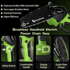 Mini Chainsaw 6inch, Chainsaw Cordless w Automatic Oiler, Handheld Electric Power Chain Saw w Security Lock, Brushless Motor,Chainsaws for Wood/Trees Trimming (Green - 1 battery, 6 INCH)