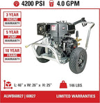 Simpson Cleaning 4200 PSI Gas Pressure Washer, 4.0 GPM Power Washer for Commercial Use, Honda Engine, 50-Foot Steel-Braided Hose, Aluminum Water Blaster, 49-State (ALWB60827)
