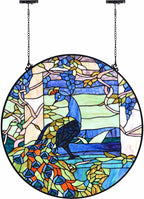 Bieye W10094 Peacock in Garden Tiffany Style Stained Glass Window Panel for Home Decor (Blue, 24" Round)