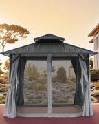 10' x 10' Hardtop Gazebo, Aluminum Frame Outdoor Patio Gazebos with Netting and Curtains, Outdoor Gazebo Canopy, Patio Pergola with Double Steel Roofs for Backyard, Patio, Deck, Slate Gray