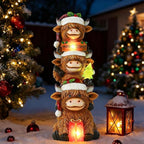 Christmas Highland Cow Decor with Solar Light Triple Highland Cow Christmas Decorations Gifts for Women Mom Funny Highland Cows Garden Statues for Garden Patio Lawn Yard Decor(Multicolor)