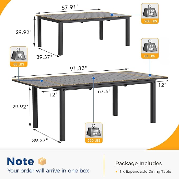 Aluminum Extendable Outdoor Dining Table, 68"-91.5" Adjustable Length Oversized Patio Table for 6-10 People, All-Weather Patio Dining Table with Adjustable Feet for Deck Balcony Garden, Grey