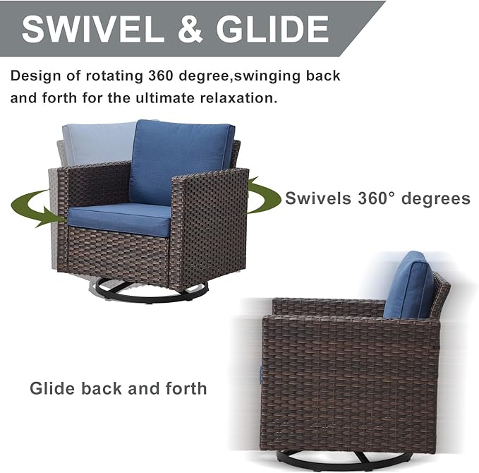 HUMMUH 3-Piece Patio Swivel Chairs,PE Wicker Outdoor Rocking Chairs Bistro Set with Side Table Porch Balcony Furniture with Cushions