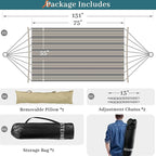 Double Hammock, 11 FT Quilted Fabric 2 Person Hammock for Outside with Pillow, Folding Curved Spreader Bar, Chains, Carrying Bag, Indoor Outdoor, 450 IB Capacity, GreenLeaves