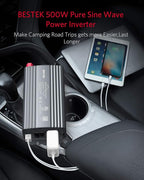 BESTEK 500W Pure Sine Wave Power Inverter DC 12V to 110V AC Car Plug Inverter Adapter Power Converter with 4.2A Dual USB Charging Ports and 2 AC Outlets Car Charger, ETL Listed, Grey