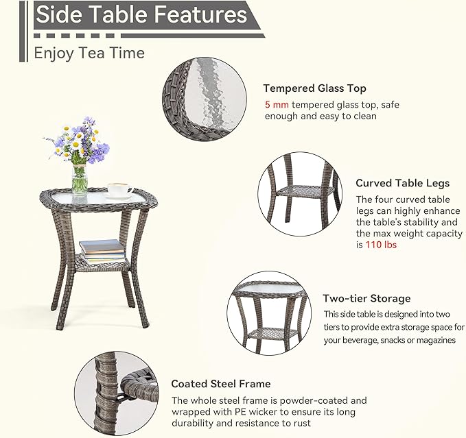 3 Pieces Outdoor Patio Chairs Set - Wicker Patio Conversation Sets with 1 Side Table, Olefin Fabric Cushions Suitable for Backyard Deck and Porch,Green