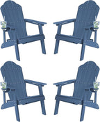 LUE BONA HDPE Adirondack Chairs Set of 4,Plastic Adirondack Chairs with Cup Holder Weather Resistant for Outdoor, Patio, Lawn, Garden, Backyard Deck, Fire Pit, Blue