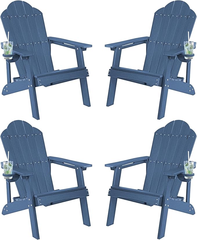 LUE BONA HDPE Adirondack Chairs Set of 4,Plastic Adirondack Chairs with Cup Holder Weather Resistant for Outdoor, Patio, Lawn, Garden, Backyard Deck, Fire Pit, Blue