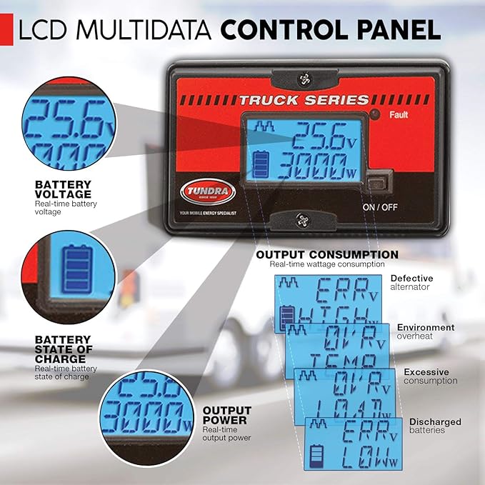 Tundra M Series M3024 Power Inverter Modified Sine Wave 3000W/ 24V DC to 120 V AC for Trucks, Buses & Coaches Features LCD Display Adjustable Battery Protection with Dual AC Outlets