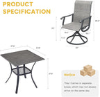 VICLLAX 3 Pieces Patio Dining Set Includes 28" Square Small Outdoor Table and 2 Patio Swivel Chairs for Lawn Garden, Grey Wood Grain Tabletop and Grey Fabric