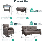 6 Piece Patio Furniture Set - Wicker Patio Conversation Set with Swivel Glider, 3-Seater Sofa, Tempered Glass Side Table and 2 Ottomans for Deck Backyard - Brown Wicker Grey Cushion