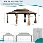Domi 12' x 18' Hardtop Gazebo Permanent Metal Gazebo with Galvanized Steel Double Roof, Curtains and Netting for Party, Wedding, Outdoor Dining, Patio, Backyard, Brown