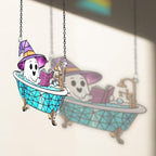 2 Boo Bathtub Acrylic Suncatchers, Gothic Cute Ghost Reading Book Window Hanging Ornaments, Halloween Horror Home Decor Witch Handmade Wall Art, Gift for Women Mom Friends Family