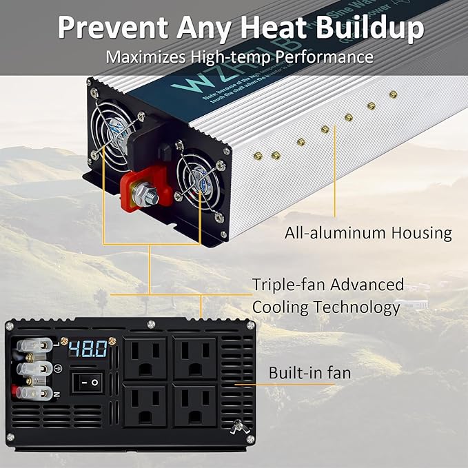 WZRELB 5000W Pure Sine Wave Inverter 12V DC to 110V 120V AC Power Converter with LED Display, Hardwire Terminal,Off-Grid Portable Power Inverter with 4 AC Outlets for Home, RV, Truck, Camping