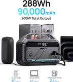 Portable Power Station 600W (1200W Peak), 288Wh (90,000mAh) LFP Battery Solar Generator, 2hrs Fast Charging, 8.86LB Power Bank with AC Outlets for Outdoor Camping, Home Emergency (Solar Optional)