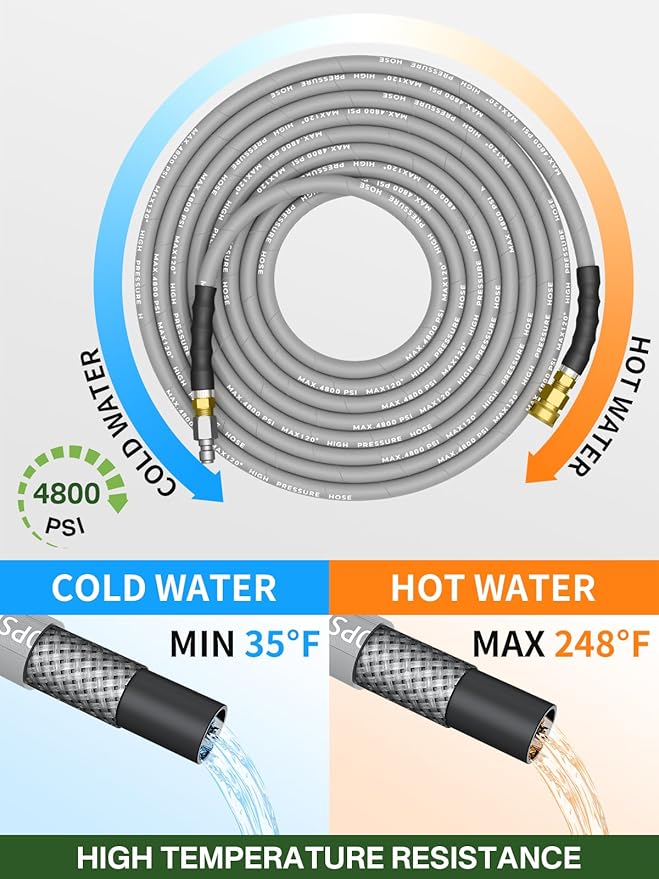 3/8" 4800PSI Pressure Washer Hose 75FT with Swivel Quick Connect for Cold/Hot Water Max 248°F, Kink Resistant Steel Wire Braided, Wear Resistant Power Washer Hose with M22 14mm Adapter