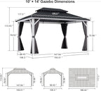 PURPLE LEAF 10' X 14' Hardtop Gazebo, Metal Double Roof White Aluminum Frame Outdoor Heavy Duty Gazebo with Curtain and Netting for Patio, Garden and Backyard, Grey