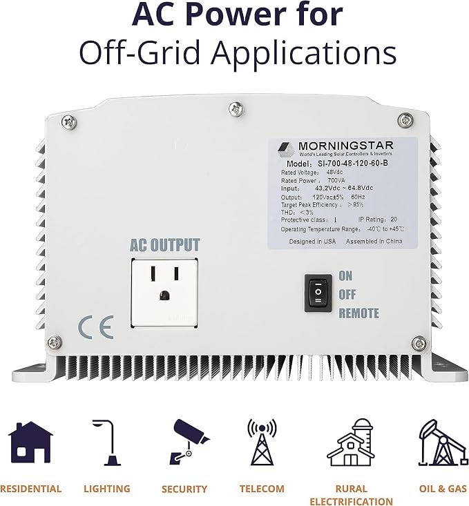 Morningstar SureSine 700W Pure Sine Wave Off-Grid Inverter - 12VDC, 120VAC, 60Hz, Type B AC Terminals (SI-700-12-120-60-B) - DC to AC Converter, Solar/Non-Solar Systems, Bluetooth Mobile Apps