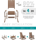SERWALL Outdoor Rocking Chair Set of 4, Oversized HDPE Patio Rocking Chair with Footrest for Adults, All Weather Porch Rocker for Deck Patio Balcony, Brown