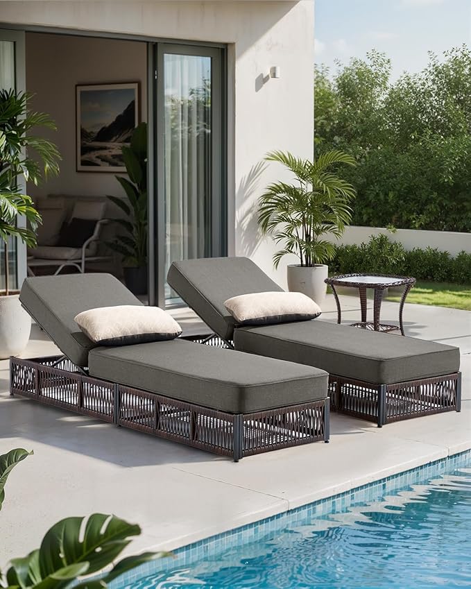 Luxury Outdoor Chaise Lounge Chairs of 2 with 5 Inch Thick Cushions and Side Table - 3 PCS High Back Brown Wicker Rattan Patio Recliners Lounger Furniture Set for Poolside Sunbathing - Grey