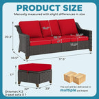 3 Pieces Outdoor Conversation Furniture Set - 77" Patio Sofa, 2 Rattan Wicker Ottomans, Patio Wicker Couch Set with Water-Resistant and Washable Cushions for Sunroom, Deck, Porch (Red)