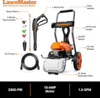 LawnMaster LT2100B Electric Pressure Washer 2300 PSI MAX 13 Amp 1.2 GPM CSA Certified with 5 Nozzles Powerful Storage Organization