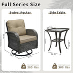 3 Pieces Patio Furniture Set, Outdoor Swivel Rocking Chair Set of 2 with Side Table - 360° Swivel, Thick Cushions, All-Weather Bistro Set for Deck, Porch, Pool(Brown, Grey Full-Weave Rattan)