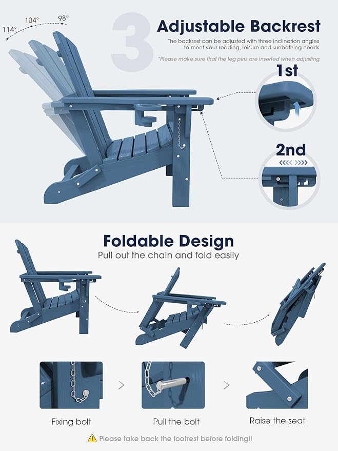 KINGYES Folding Adjustable Adirondack Chair with Ottoman & 2 Cup Holders Set of 6, HDEP Reclining Adirondack Chair with Footrest, Brown