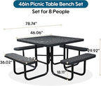 46Inch Square Picnic Table for 8 Person, Outdoor Heavy Duty Sturdy Picnic Tables with 4 Benches & Umbrella Hole, Commercial Metal Patio Picnic Table for Garden, BBQ, Coffee Store, Party, Porch (Black)