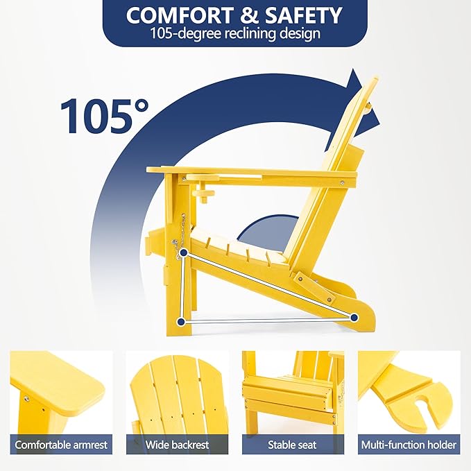 Folding Adirondack Chair, HDPE Outdoor Texture Lawn Chair with Reclining Back, Cup and Phone Holder - Comfortable Firepit Chair Weather Resistant for Patio or Backyard (Yellow, Set of 1)