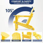 Folding Adirondack Chair, HDPE Outdoor Texture Lawn Chair with Reclining Back, Cup and Phone Holder - Comfortable Firepit Chair Weather Resistant for Patio or Backyard (Yellow, Set of 4)