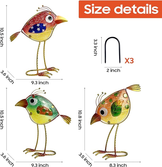 Garden Decor for Outside,Funny Metal & Glass Bird Decor for Indoor & Outdoor Set of 3,Yard Art Decor,Garden Art Statues Decorations,Colorful and Patriotic