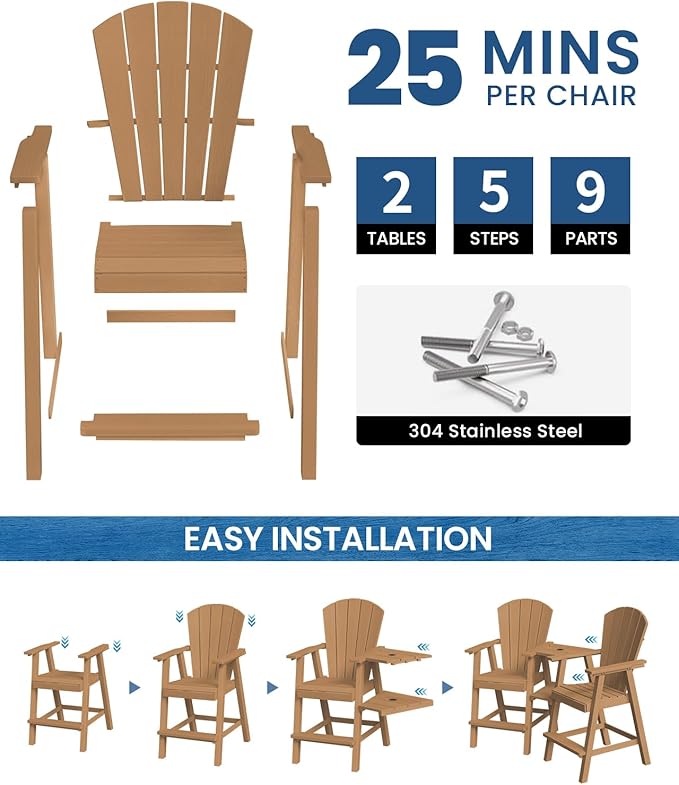 Ciokea Tall Adirondack Chairs Set of 2, HDPE Outdoor High Back Adirondack Chair with Double Connecting Tray, Weather Resistant Balcony Chairs for Deck, Lawn, Pool, Backyard, Teak