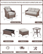 10 Piece High Back Outdoor Patio Furniture Set - Patio Conversation Set with Swivel Rocker Outdoor Chairs Set of 4 and 3 Seater Sofa, Wicker Ottoman and Coffee Table for Garden Backyard