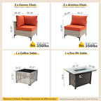 Outdoor Sectional Patio Furniture Set with Fire Pit Table and Glowing Table,6 Pieces Wicker Conversation Sets L Shaped Couch Out Door Sofa Set Outside Furniture for Garden Deck Yard,Orange Red