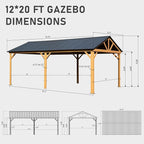 Domi 12' x 20' Hardtop Gazebo with Galvanized Steel Gable Roof, Pergola with Wood-looking Aluminum Frame, Permanent Pavilion Outdoor Gazebo with Ceiling Hook for Deck Patio Lawn Yard Backyard Grill