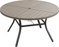 DIFY 59.8" Round Outdoor Patio Dining Table for 8-10, All-Weather Metal Steel Slatted Patio Table with 1.57" Adjustable Umbrella Hole, for Lawn Garden Porch Backyard, Grey Wood-Like