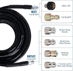 150FT Sewer Jetter Kit for Pressure Washer, 5800PSI Water Jet Durable Drain Cleaner Hose 1/4 Inch NPT Corner with 4 Specialized Nozzles，Waterproof Tape, Pearl Corsage Pin, Handle Strap & 2 Spanners