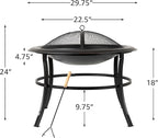Fire Sense 62237 Fire Pit Tokia Steel Wood Burning Lightweight Portable Outdoor Firepit Rounded Lip & Curved Legs Included Wood Grate & Screen Lift Tool - 30" Round - Black