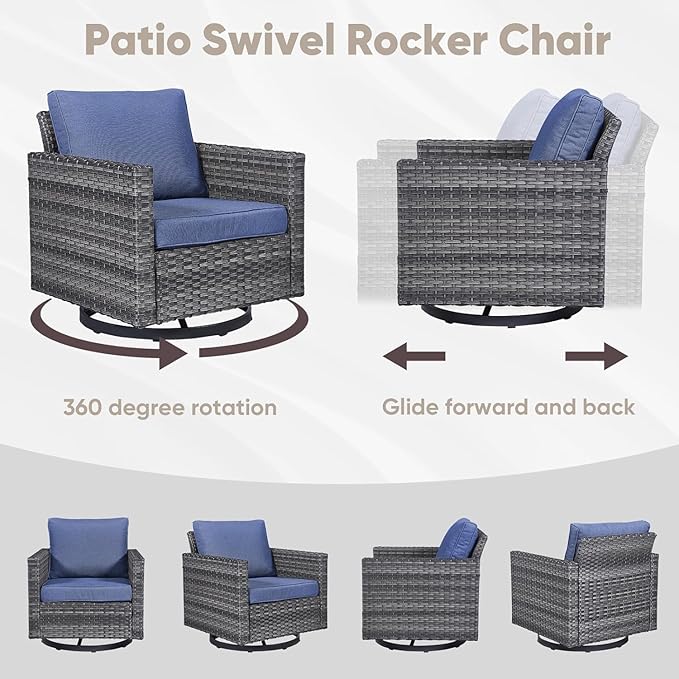 Wicker Patio Furniture Set：7 Piece Outdoor Patio Furniture Set with 2 Swivel Patio Chairs 2 Single Chairs a Coffee Table and 2 Ottomans, Grey Wicker/Blue Cushion
