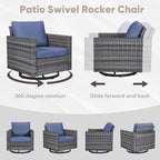 Wicker Patio Furniture Set：7 Piece Outdoor Patio Furniture Set with 2 Swivel Patio Chairs 2 Single Chairs a Coffee Table and 2 Ottomans, Grey Wicker/Blue Cushion