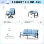 MFSTUDIO 5 Pieces Patio Conversation Sets,Outdoor Metal Furniture Sofas with 1 x 3-Seat Sofa, 2 x Swivel Chairs,2 x Ottoman,Wrought Iron Frame with Blue Cushion for Patio Courtyard Balcony
