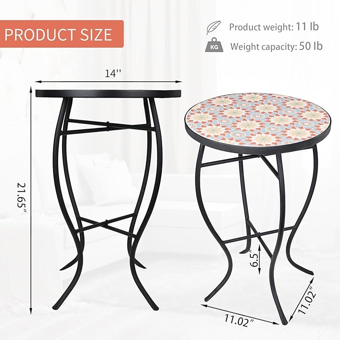 VCUTEKA Mosaic Outdoor Side Table - Small Patio Table Coffee Table Outside Accent Table Round End Plant Table for Bistro Balcony Porch Outdoor Benches 14'' Mosaic Table