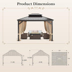 10'x12' Hardtop Aluminum Gazebo, Permanent Outdoor Canopy with Galvanized Steel Double Roof Heavy Duty Pavilion with Curtains and Netting for Garden Patio Lawn Deck