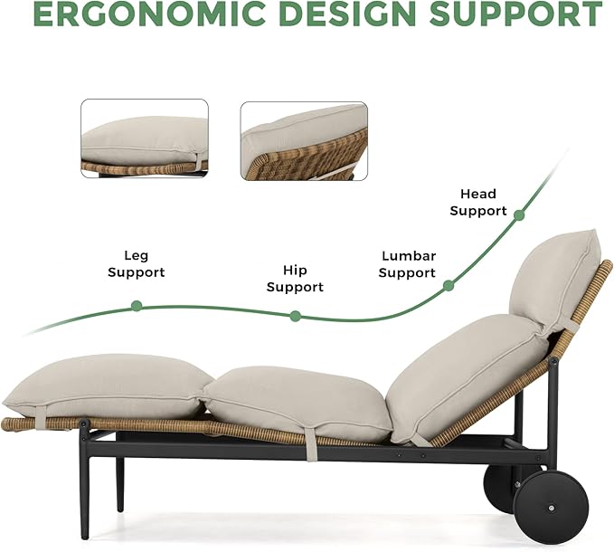 Chaise Lounge Chair Outdoor 2PCS - PE Rattan Wicker Patio Pool Lounge Chair with Cushion and Wheels, Aluminum Waterproof Lounger with Wood Side Table for Poolside Backyard Deck Porch