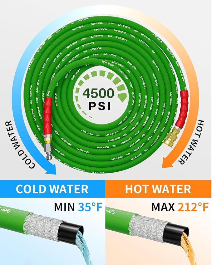 Pressure Washer Hose 125FT 3/8" for Cold and Hot Water 212°F, with Swivel Quick Connect, 4500PSI Kink Resistant Grade Steel Wire Braided, Power Washer Hose With 2pcs M22-14mm Adapter