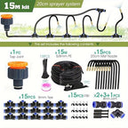 49.2FT/15M 1/4 Inch Tubing Drip Irrigation System Kit Automatic Garden Irrigation Equipment Adjustable Quick Connector Watering Misting for Outdoor Yard Lawn Raised Bed Greenhouse